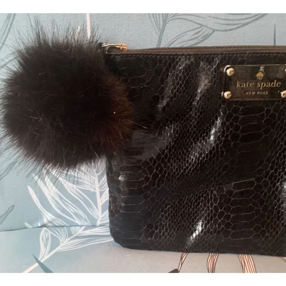 Kate Spade black Snake Skin Clutch Purse Handbag FUR ZIPPER PULL